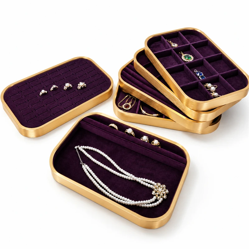 High-Quality Deep Purple Velvet Jewelry Display Tray Metal Edge Jewelry Stand Ring Bracelet Pendant Earring Display Storage Box