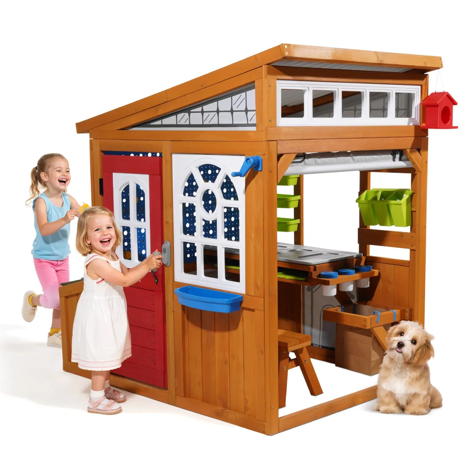 

Outdoor Playhouse, Cedar Wooden Kids Playhouse With Bird Nest, Doorbell, Trash Bin, Gravity Wall Set, Storage Pocket,
