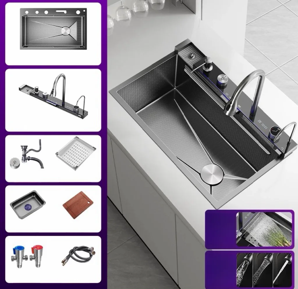 

Honeycomb Kitchen Sink Stainless Steel Nano Thickened Large Single Sink Fly Rain Waterfall Sink Multifunction in Stock