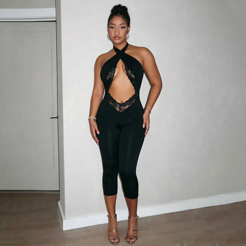 STYLISH LADY Black Halter Tie Back Capri Jumpsuit 2026 Summer Women Backless Lace Cutout Front Bodycon Sexy Club Party Jumpsuit