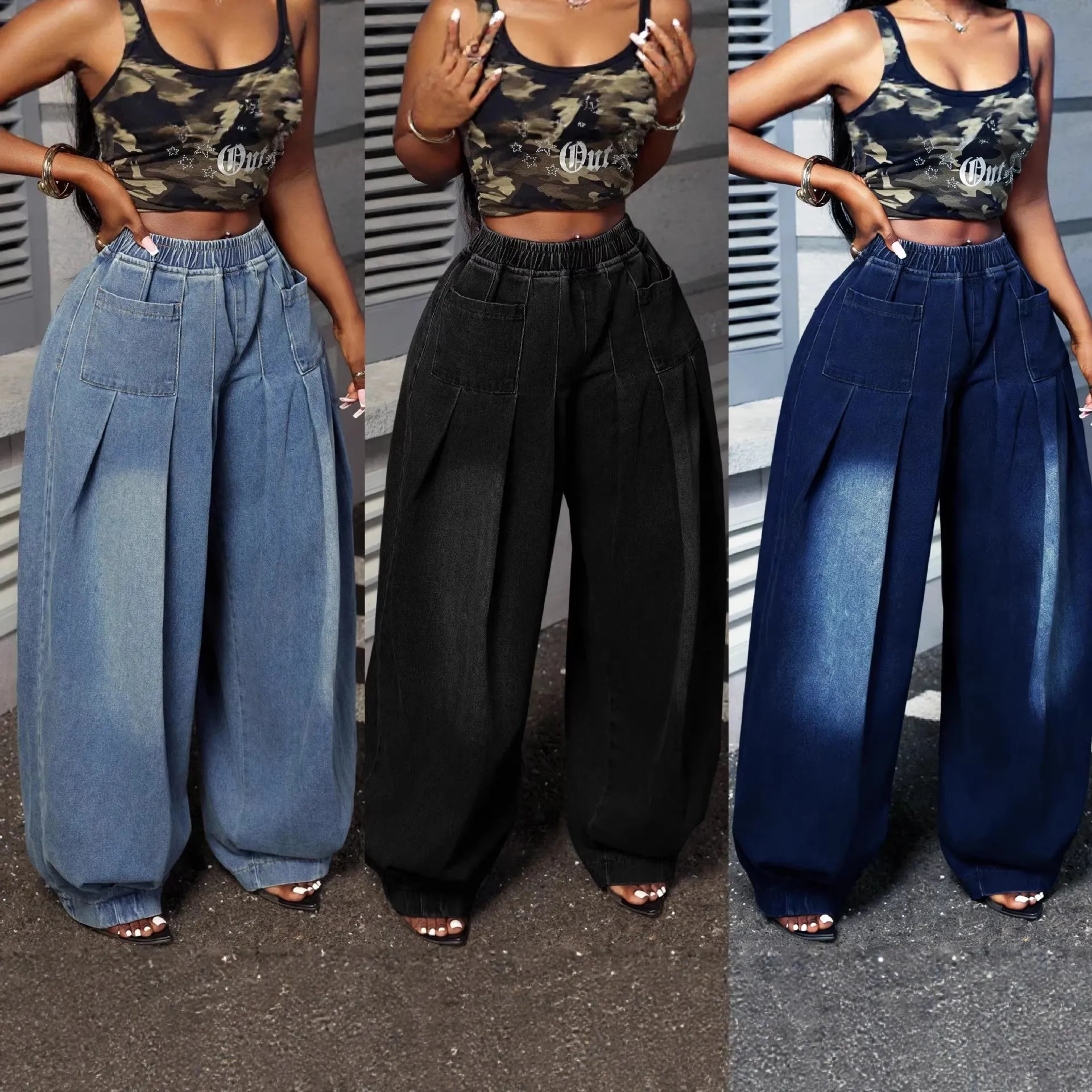 

Women's Plus Size High Waist Jeans Wide Leg Denim Pants Light Blue Pleated Denim Trousers Curvy Elastic Waist Jeans Pants