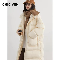 CHIC VEN Korean Women Down Coats Loose Solid New 90 White Duck Down Hooded Windproof Long Female Puff Down Jacket Winter 2024