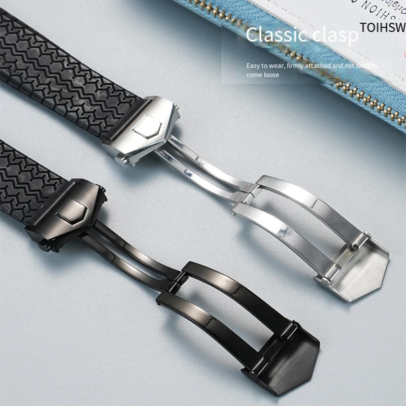 عالية الجودة سيليكون المطاط حزام الساعات 22 مللي متر صالح ل تاغ ساعة هوير الغوص حزام الرياضة الأسود سوار معصم من السيليكون للطي مشبك