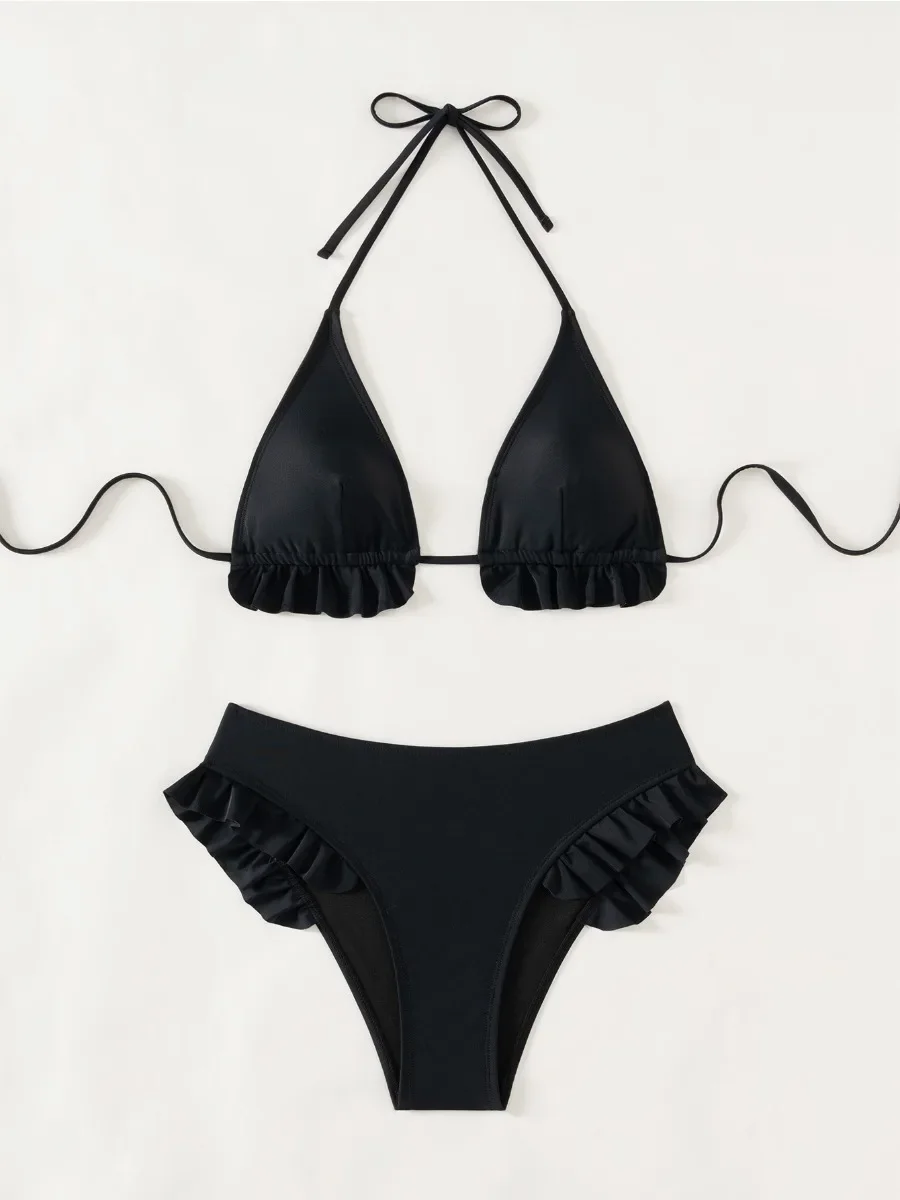 

Solid Color Black Ruffle 2 Piece Swimsuit for Women 2025 New Black V-neck Halter Backless Bikini Set High Waist Bathing Suit