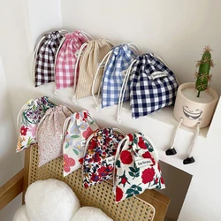 Multifunctional Cotton Plaid Storage Drawstring Bag For Women Portable Finishing Storage Pouch Cute Makeup Bag Candy Organizer