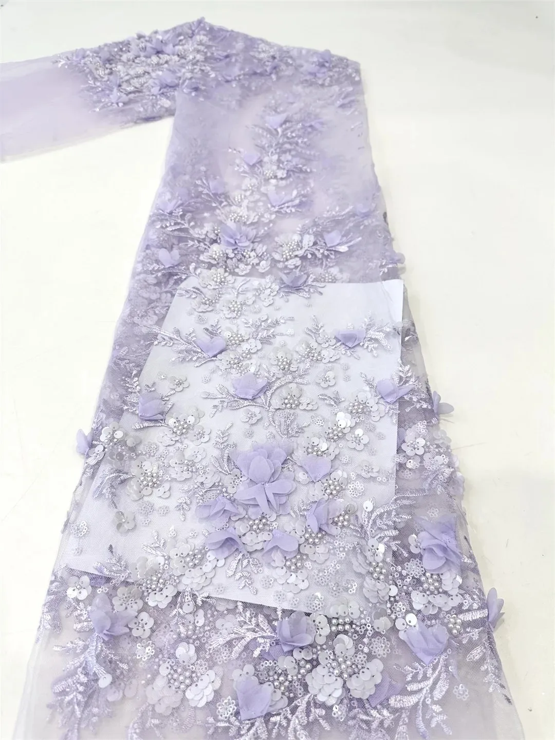 

5 Yards Handmade Purple 3D FLower Africa Embroidered Tulle Net Fabric With Beads 2025 High Quality Luxury Evening Party Dress