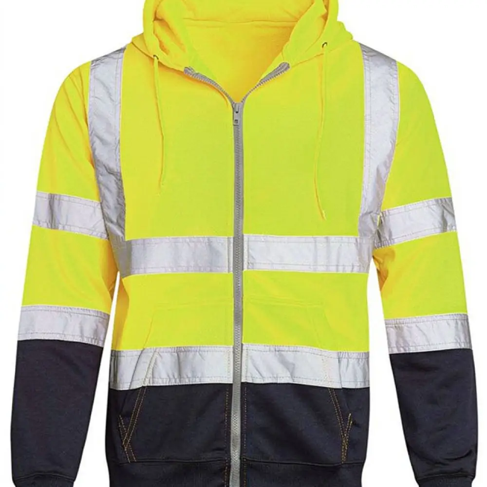 Thermal Workwear Hoodie Men Fleece Zipper Sweatshirt Reflective Strip Safety Visibility Outdoor Construction Autumn Jacket
