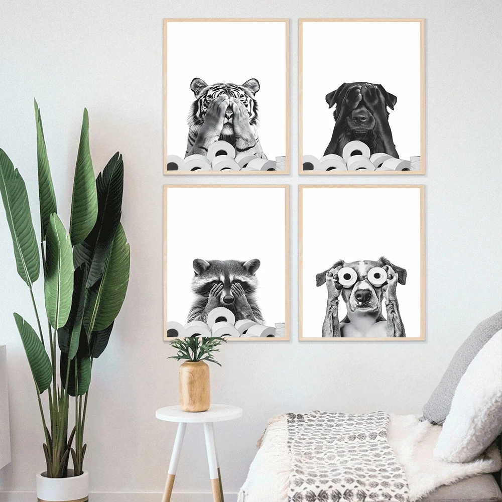 Animals Tiger Dog Racoon Peek-a-Boo Canvas Poster Humour Bathroom Painting Wall Art Print Pictures For Toilet WC Home Decoration