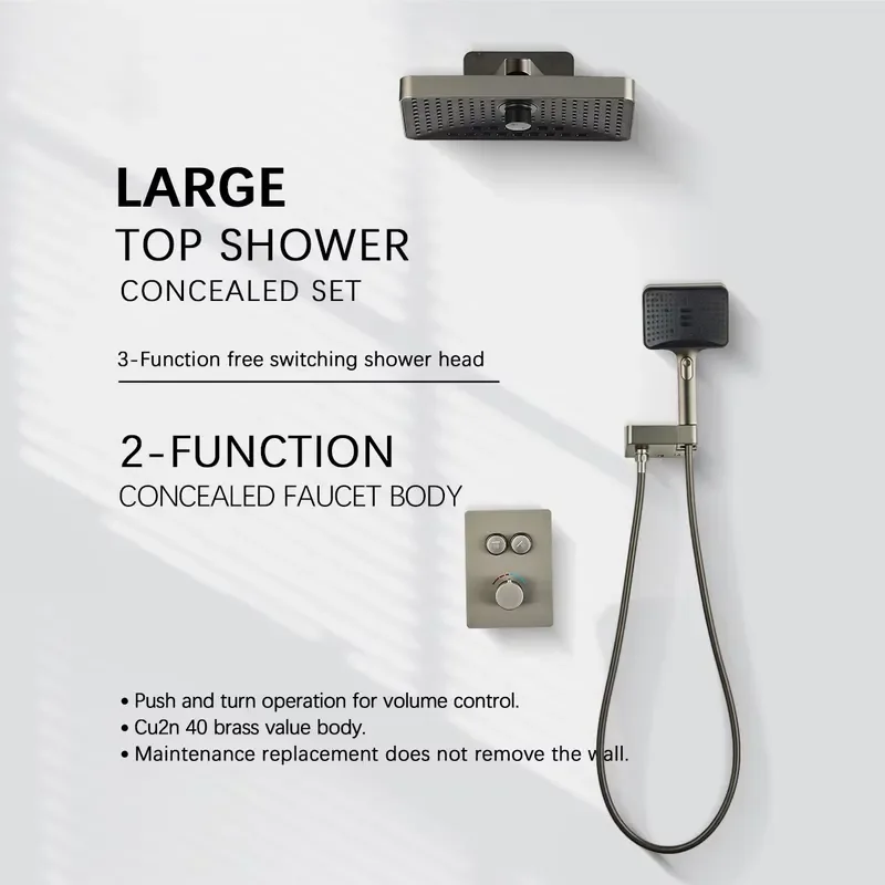 Customizable 14in Grey Rainfall Shower Head Cold Hot Water Concealed Bathroom Faucet Brushed Surface Shower System Sets