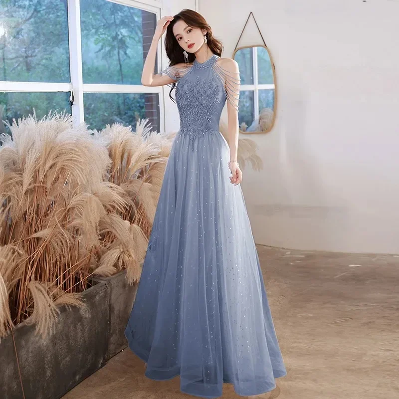 Princess Style Prom Dresses for Women Beading Tassel Solid Halter Sleeveless Skirt Elegant Ladies Party Dress Vestidos Female