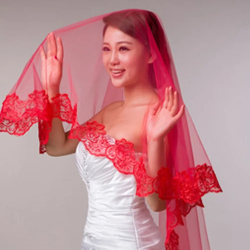 

Sexy Red Lace Veil One-Layer Wedding Veil with Lace Edge for Bride to be фата for Wedding Dress Wedding Accessories