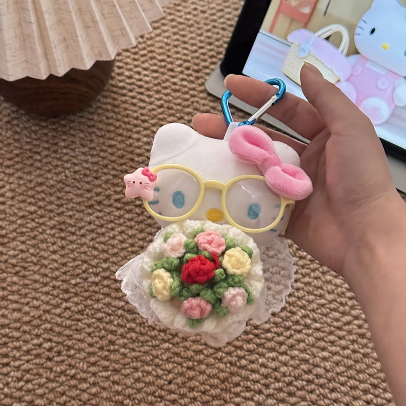 Sanrios Hellokittys fleur en peluche poupée porte-clés Anime Kitty chat doux Animal pendentif à breloque pour sac d'école sac à dos sac à main accessoire
