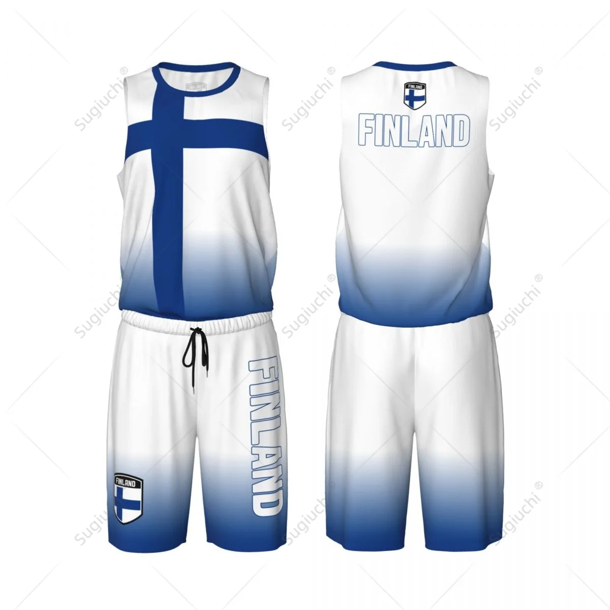 Conjunto de baloncesto con bandera de Finlandia para hombre, camisa y pantalones de malla sin mangas, exclusivo, personalizado, con nombre y número, unisex