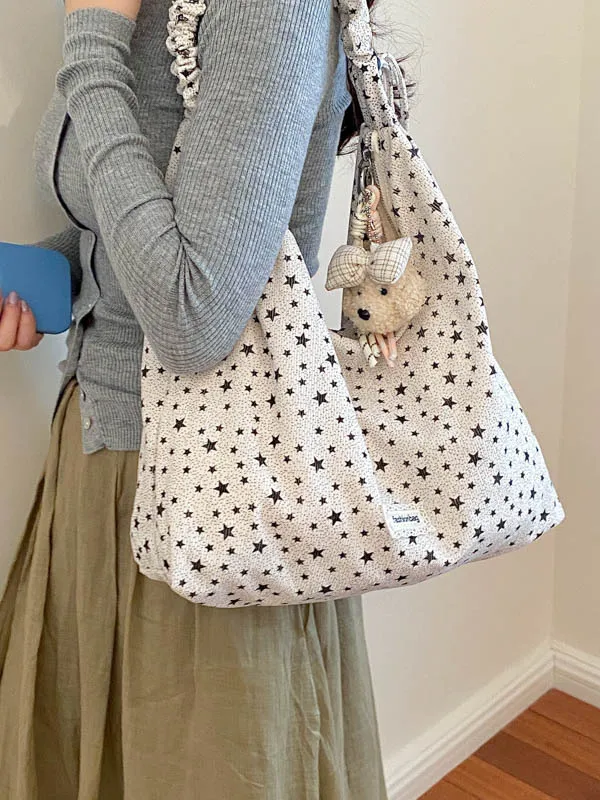 Korean Lazy Style Star Canvas Tote Bag Women's Summer Casual Single Shoulder Slant Bag Large Capacity Canvas Bag