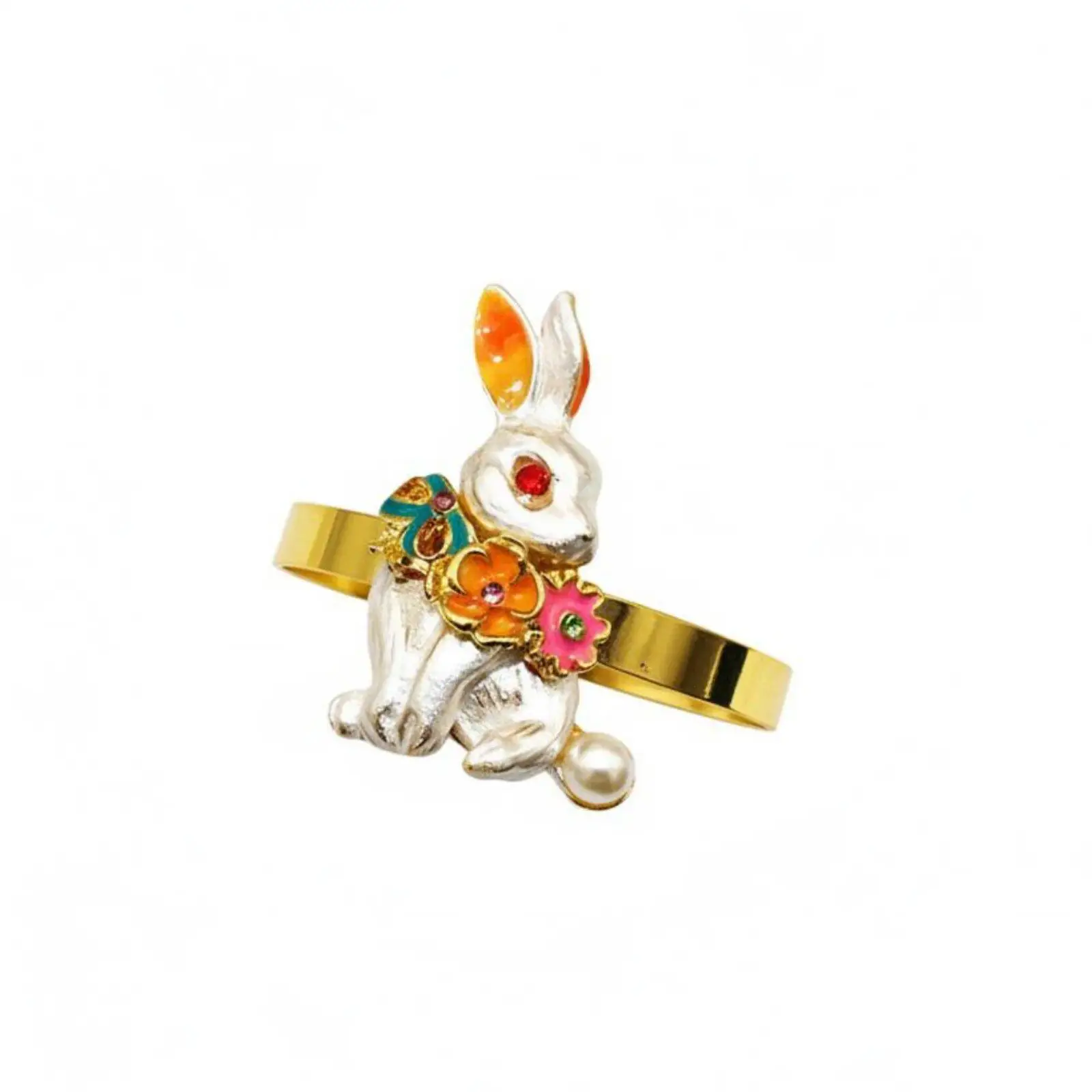 Festive Easter Bunny Napkin Rings Set of 4 Metal Gold Enamel Table Accessories for Holiday Party Banquet Dining Decor