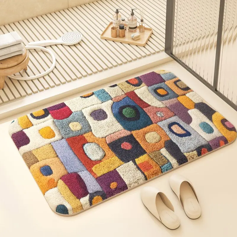 VIKAMA Modern Abstract Color Block Geometric Bath Mat Soft Non Slip Absorbent Retro Mid Century Shape Bathroom Entry Decor Rug