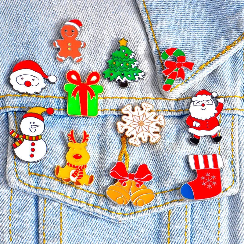 Alfileres esmaltados personalizados, bufanda de ciervo de Papá Noel, broches para sombrero, insignia infantil, joyería de dibujos animados, regalo de Año Nuevo para chico, 15 estilos, serie navideña