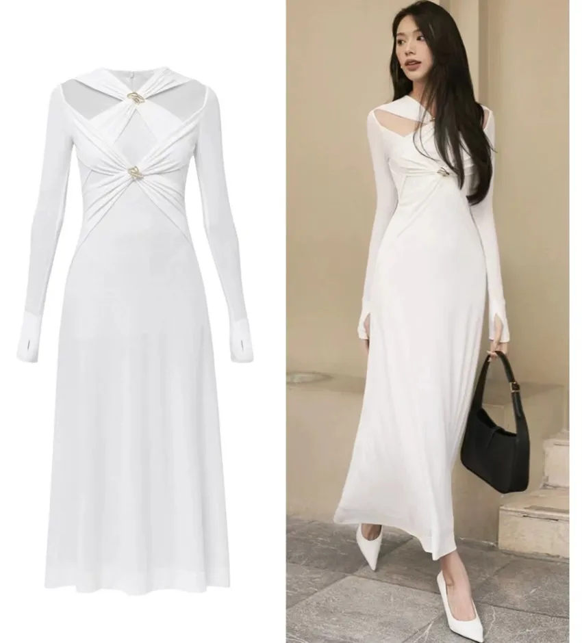 Elegant Women's White Knitted Long Dress 2024 New Autumn Sexy Off Shoulder Cross Hollow Out Metal Buckle Strech Party Clothes