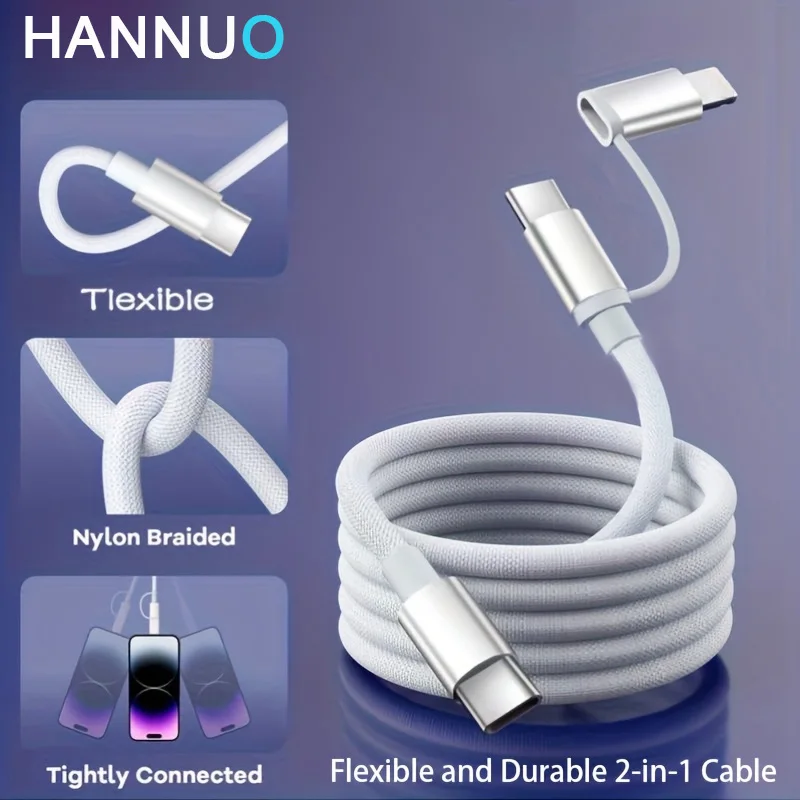 HANNUO 2 in 1 PD 60W Type C Cable USB Type C To C/L Data Charger Cable For Samsung Xiaomi Fast Charging Cord iPhone Data Wire
