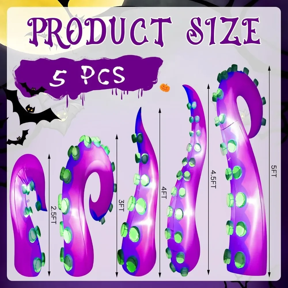 Five 5-foot Long Inflatable Glowing Giant Octopus Tentacles for Halloween, with Built-in LED and Halloween Window Decoration