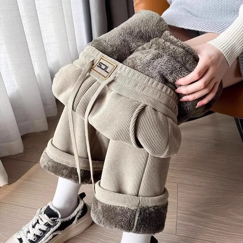 秋冬肥厚子羊ベルベットカジュアルパンツ女性のフリース裏地ハーランパンツハイウエスト袖口ママスウェットパンツ