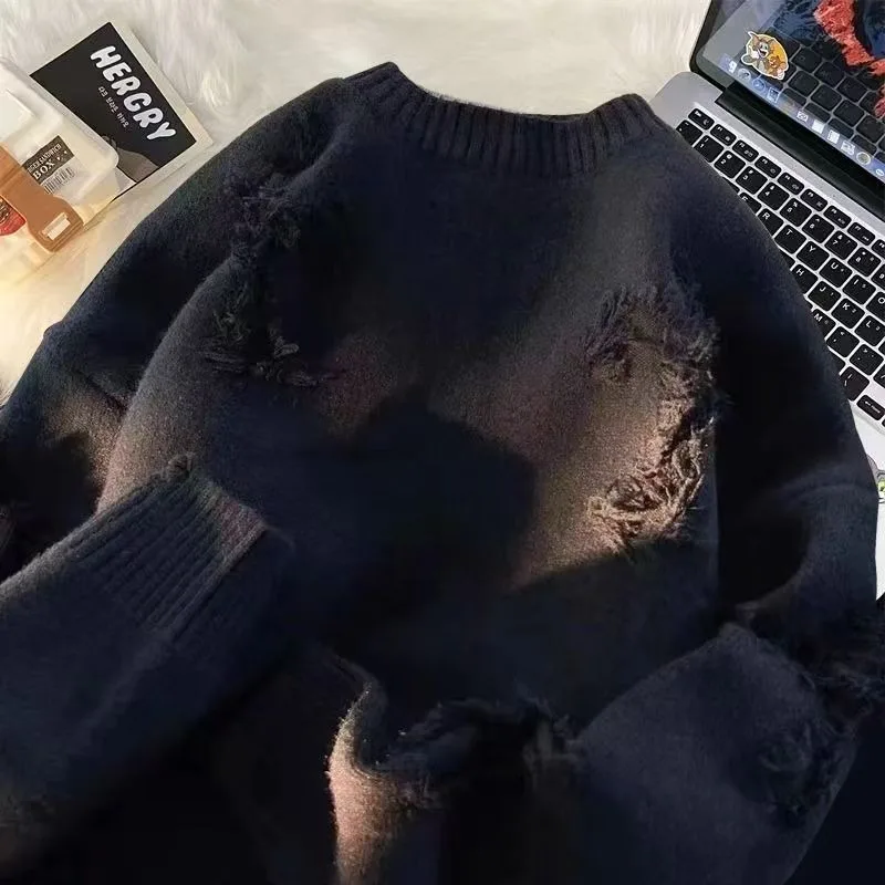 Otoño Invierno, suéter con flecos y agujeros para hombre, prendas de punto para hombre, jerséis holgados con cuello redondo y viento neutro, suéter de punto de gran tamaño