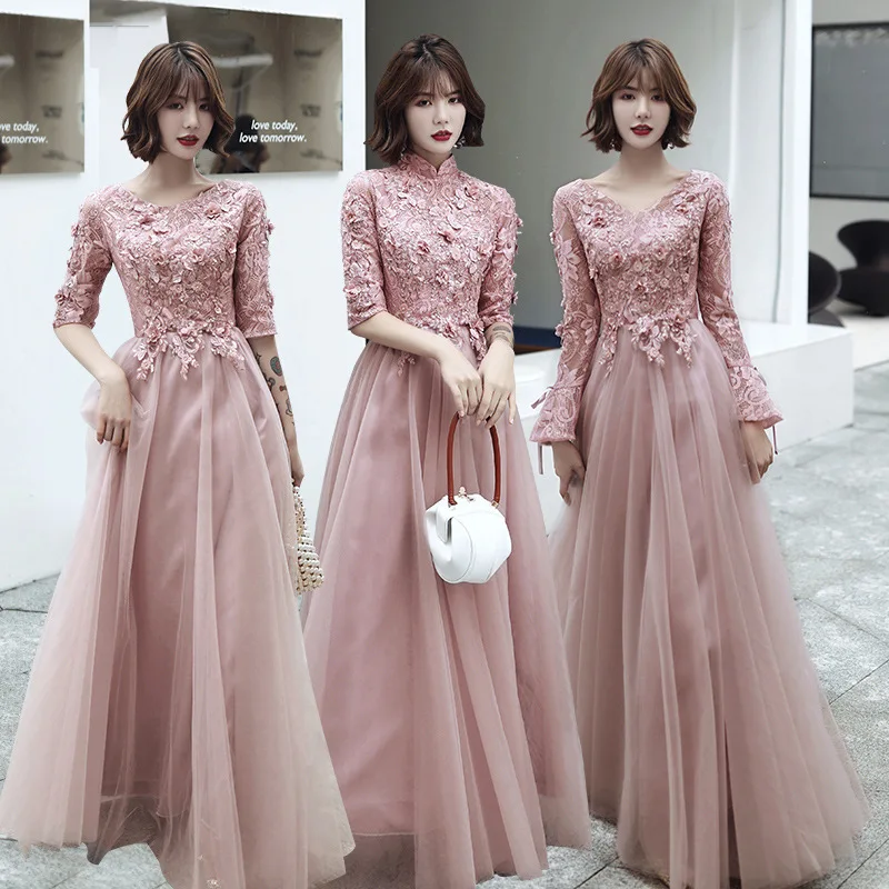 

Bridesmaid Dresses Pink Tulle Appliques A-Line Long Wedding Pageant Vestido O-Neck Plus size Formal Wedding Party Dress R008