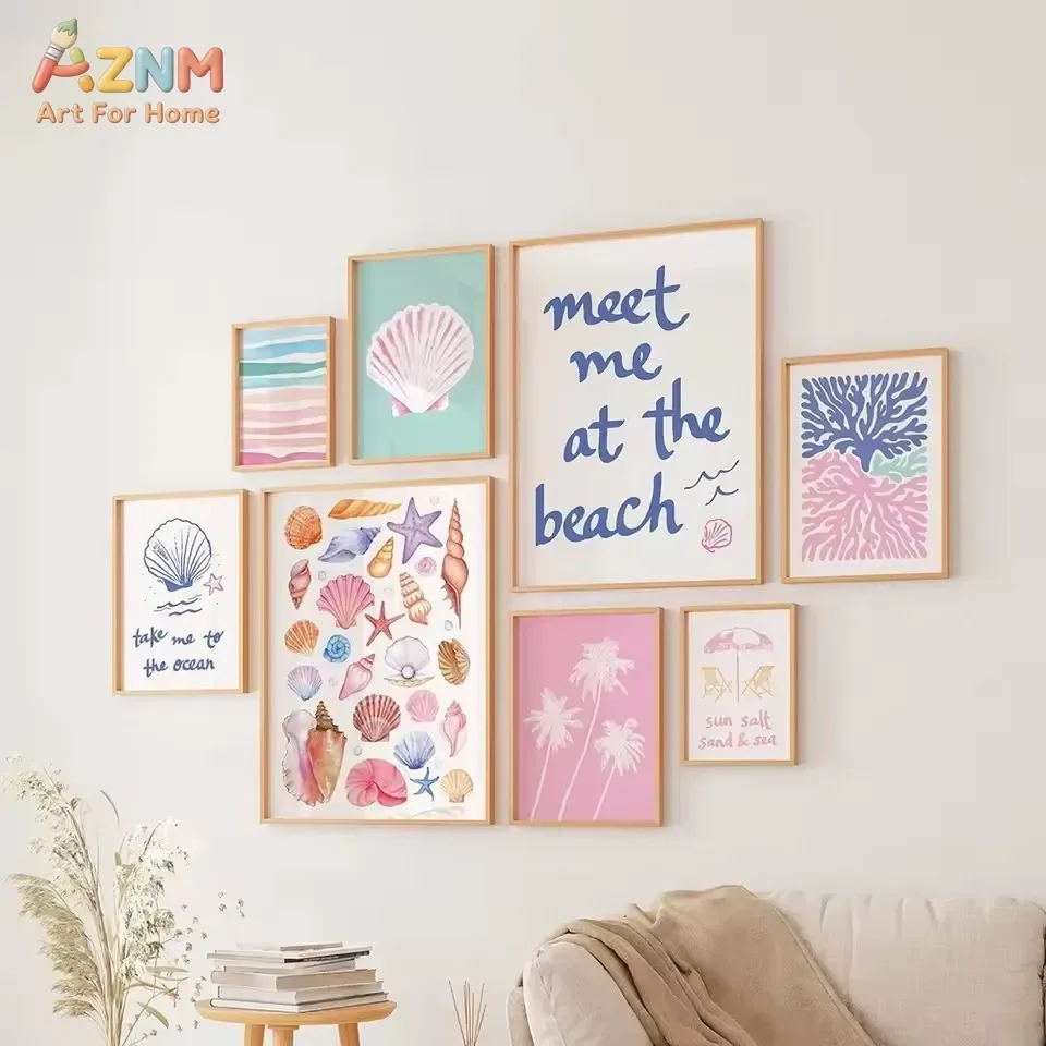 AZNM Pastel Beach Shell Palm Tree Canvas Print Ocean Coastal Quote Unframed Canvas Wall Art Summer Seaside Home Bedroom Decor Pa