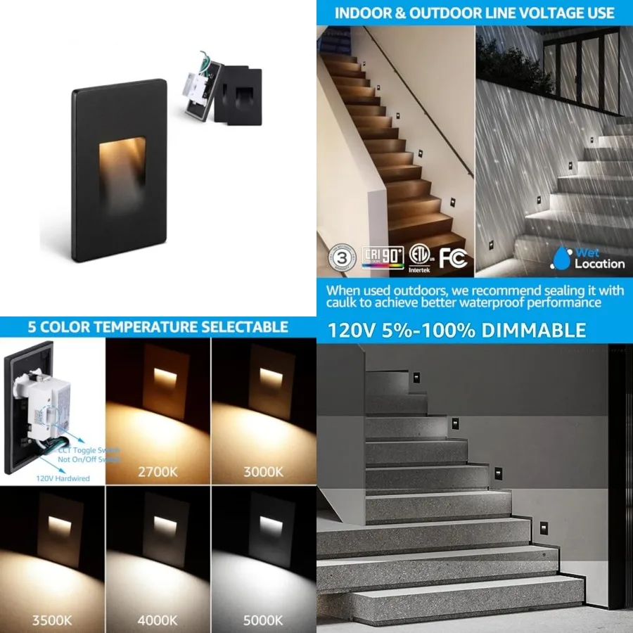 

5CCT 0V LED Step Lights, .5W 5%-100% Dimmable Stair Lights Indoor Outdoor Wet Location, CRI90, ETL, Alumum, 150LM, Vertical, 27
