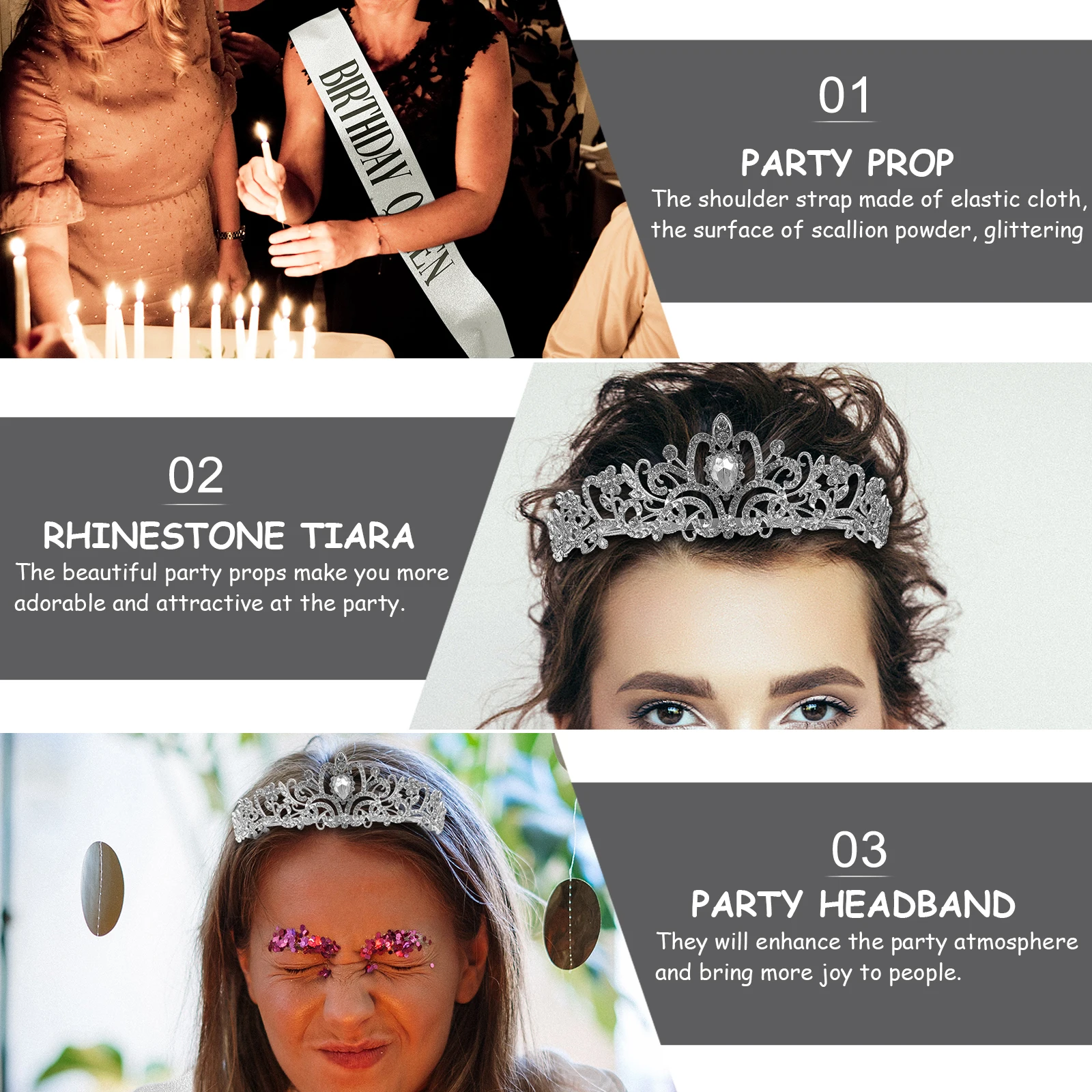 

Crown Strap Set Birthday Party Sash Rhinestone Tiara Headb Princess Bride Accessories Safe Durable Lightweight Gift