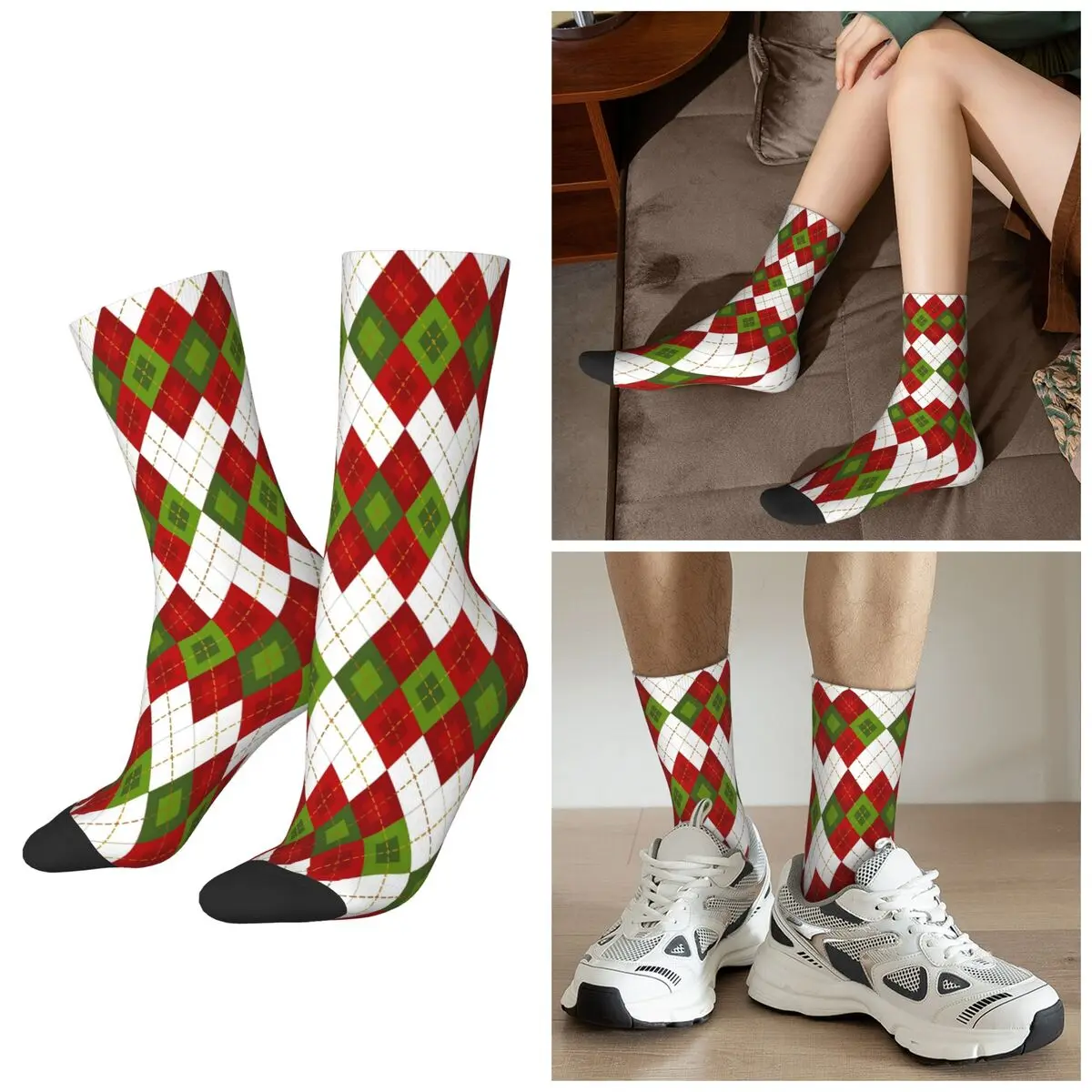 

All Seasons Christmas Red Green Argyle Diamond Socks Harajuku Crew Socks Super Soft Stockings for Men Women Valentine's Day Gift
