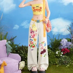 Kawaii karikatür genç tarzı tatlı yaz düz kot kadın baskı cepler fermuar moda gevşek yüksek bel geniş bacak pantolon