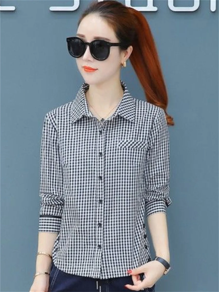 Women Spring Summer Blouses Shirts Lady Fashion Casual Long Sleeve Turn-down Striped Plaid Blusas Tops WY0292