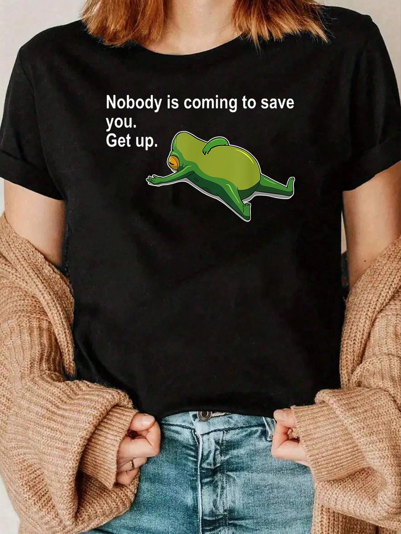 Frosch-T-Shirt mit grafischem und motivierendem Zitat für Damen im Alltag, 220 g