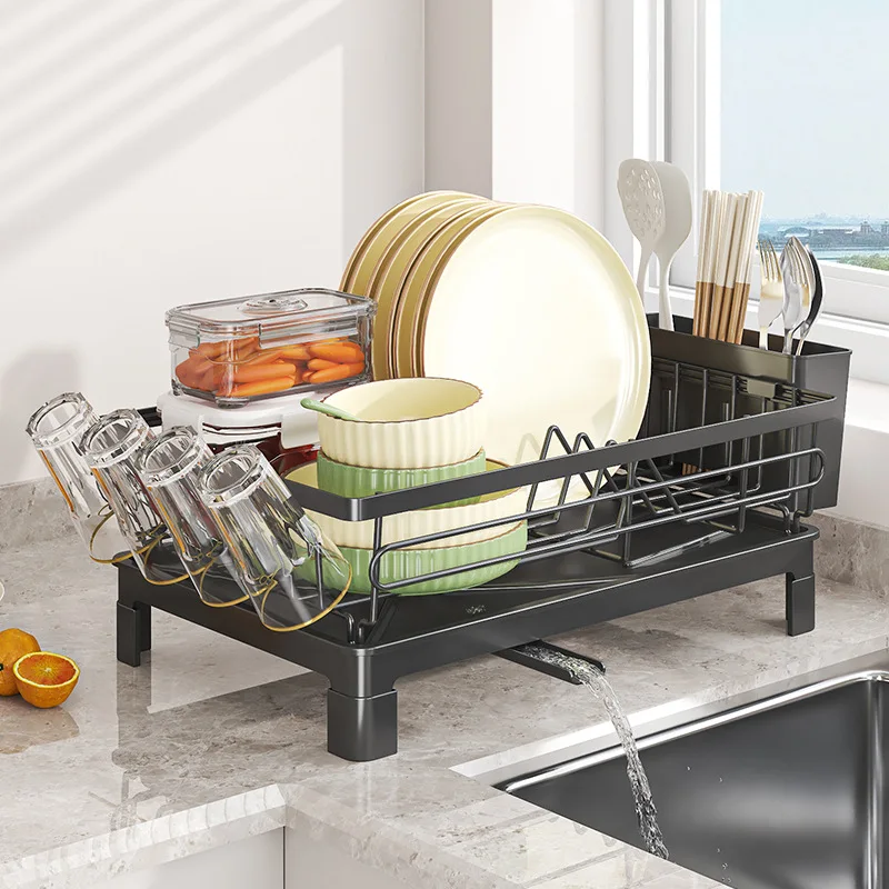 Modern Double Tier Metal Kitchen Dish Rack Over Sink with Drain Tray Dish and Bowl Utensil Storage Organizer
