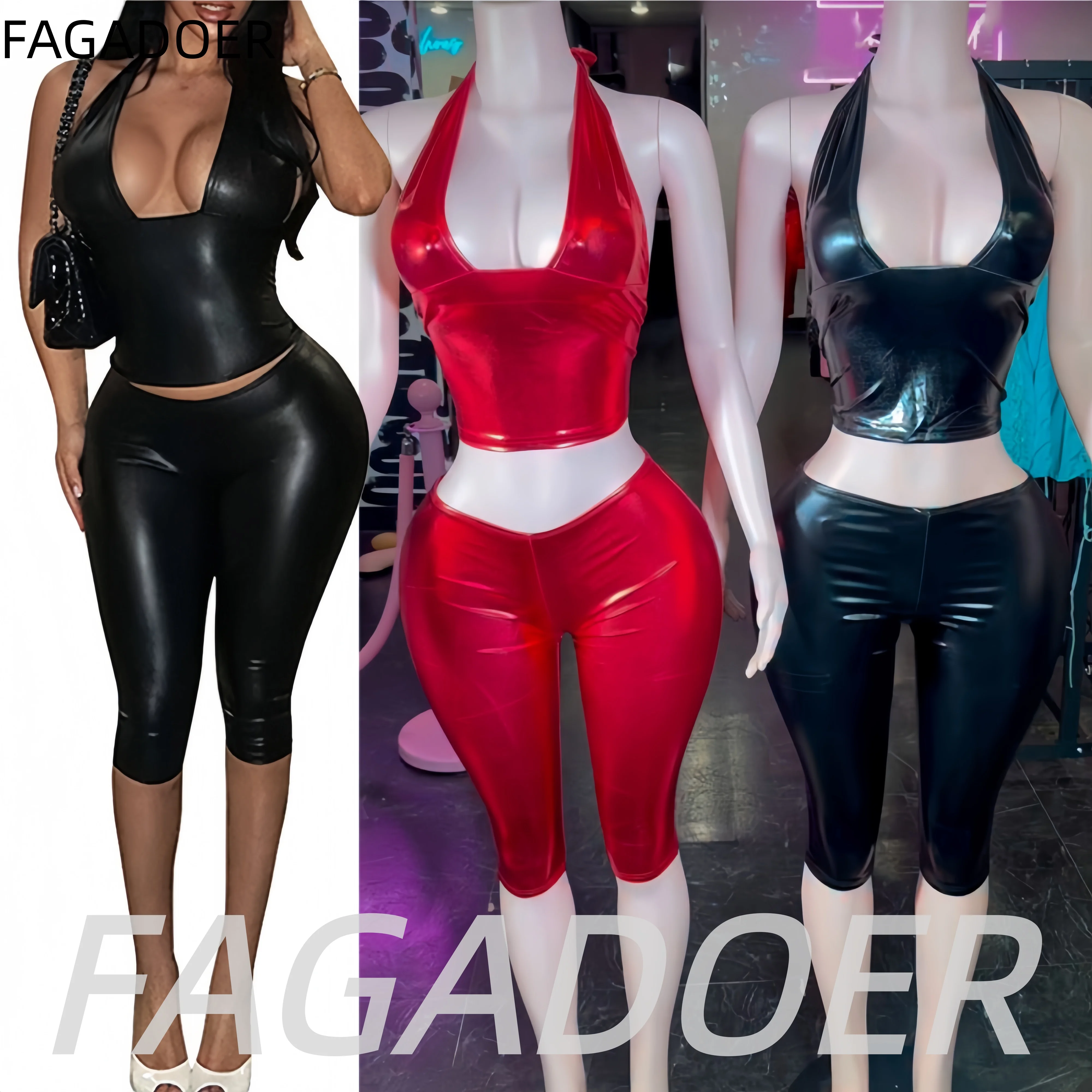 FAGADOER Cool Girl Sexy Bodycon Shorts Two Piece Sets Summer Streetwear Party Club Jumpsuits Women Lace-up Halter Top Outfits