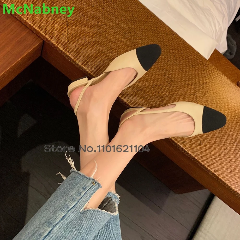 Round Toe Short Heel Pumps For Female Women 2024 Back Strap Slingback Mixed Colors Shallow Elegant Luxury Simple Design Shoes