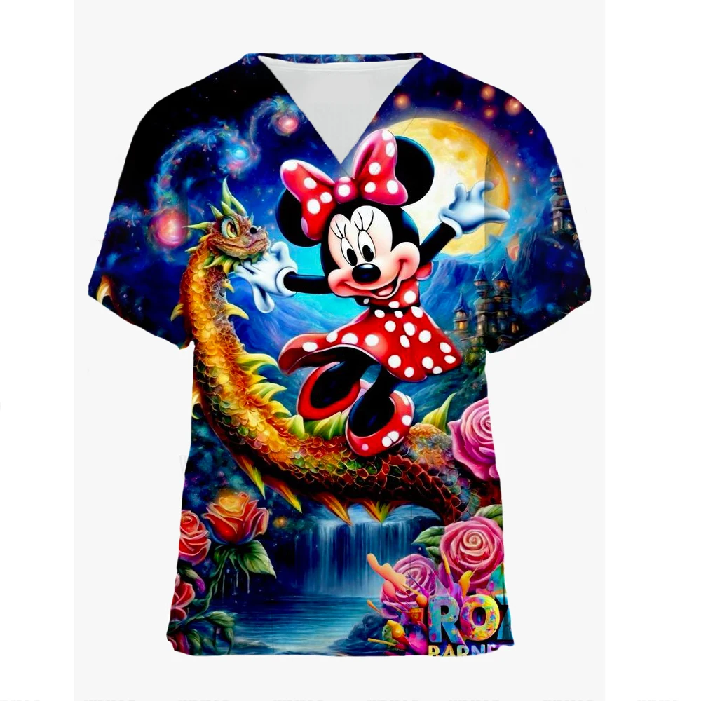 2024 Summer Women's Top Cute Cartoon Mickey Mouse Print V-Neck T-shirt Casual Daily Nurse Uniform Style Fashion Short Sleeve ﻿