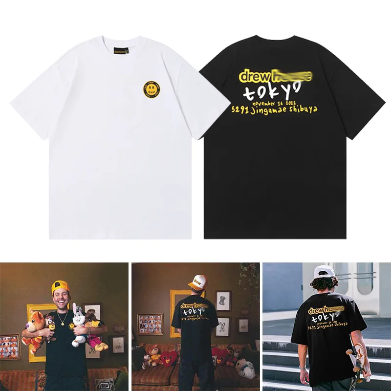 

Drew House Premium New Arrival Smiley Face Streetwear Unisex Couple's Summer 100% Cotton Relaxed Fit Short Sleeve T-Shirt