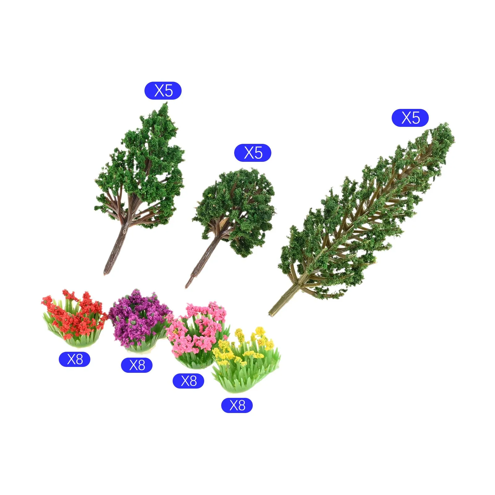 32pcs Colorful Flower Clusters and 15pcs Mixed Trees for Miniature Fairy Garden Train Landscape Military Layout and Dioramas