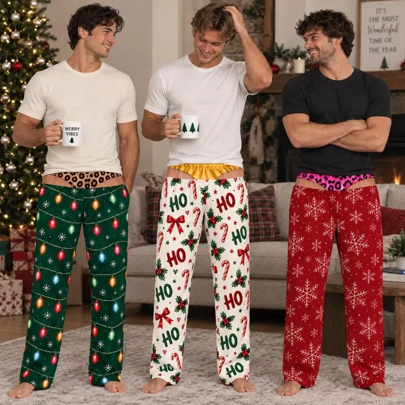 Men Funny Christmas Pajama Pants Ho Ho Candy Cane Snowflake Print Fake Thong Cutout Wide Leg Trousers Xmas Holiday Party Prank