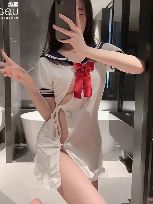 T Shirt Mini Dress Lingerie Sexy Hollow Out Student Sailor Cosplay Uniform Dress Elegant Fashion 2023 New Tops Y8BZ