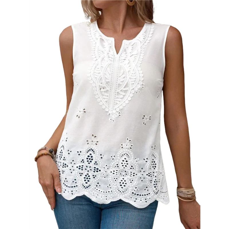 

【Party-Decoration】Women's Eyelet Embroidered Sleeveless Blouse V Neck Casual Summer Shirt Tops