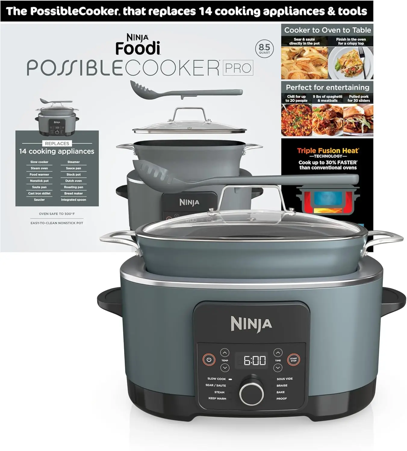 ® 14-in-1 PossibleCooker™ PRO | 8.5qt, Sous Vide, Proof, Bake, & Steam Multicooker | Slow Cooker, Dutch Oven | Glass Lid & Integ