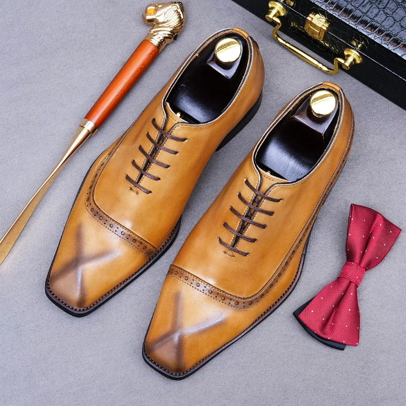 

Handmade Mens Wedding Oxford Shoes Lace Up Genuine Leather Flat Dress Shoes Men Business Formal Brogues