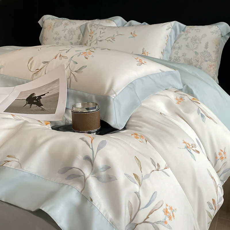 

4Pcs Light Luxury Style Lyocell Fiber 100 High-end Lenzing Summer Ice Silk Sheet Bed Sheet Plant Quilt Cover Bedding