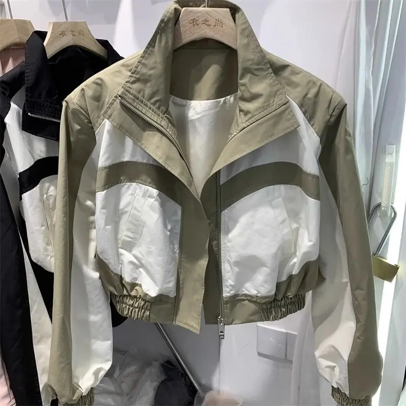 Chaqueta corta de bloqueo de color con cuello levantado para mujer, chaqueta de bloqueo de diseño coreano, harajuku, primavera 2024