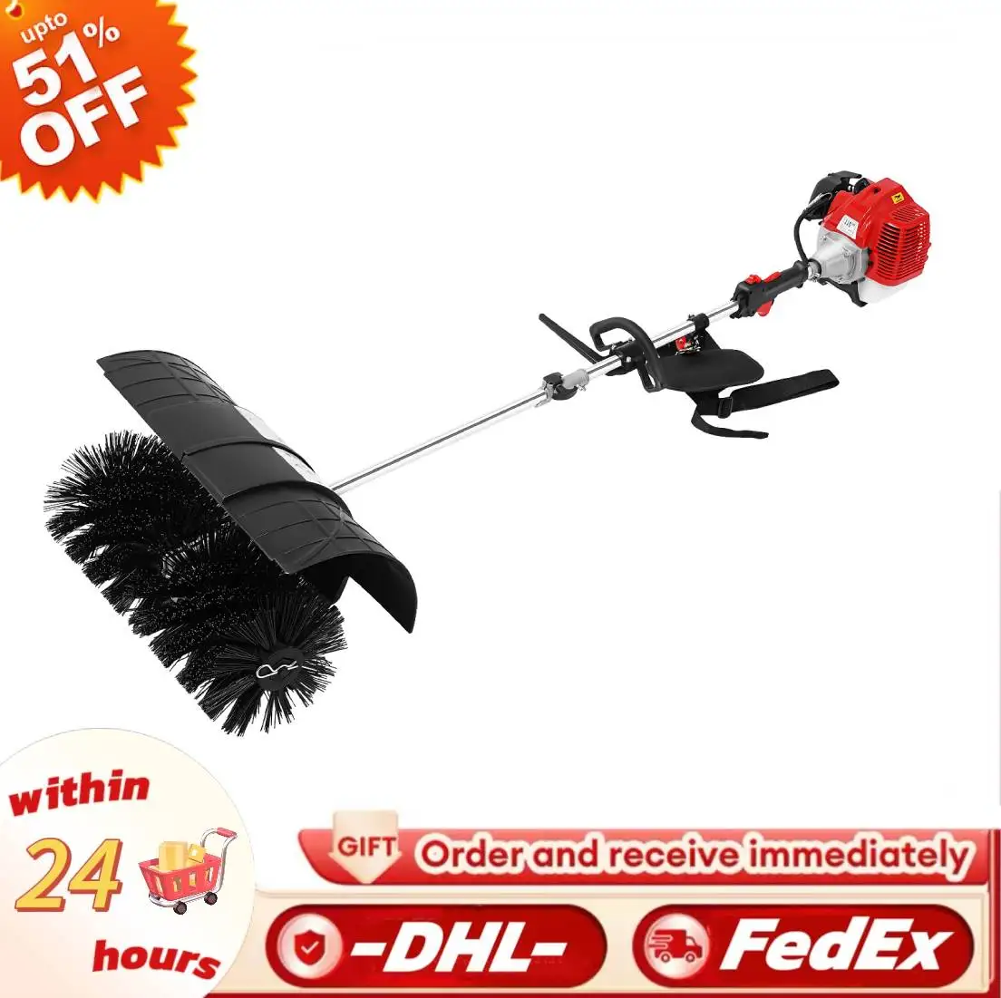 1.7KW 52cc Brush Sweeper Gas Powered 2-Stroke Walk Behind Hand Push Sweeper 8500RPM 1L for Artificial Grass Outdoor Cleaning
