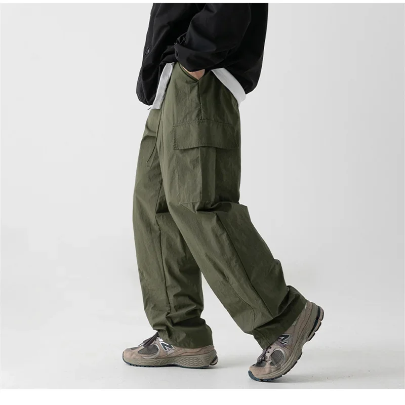 

Micro Wrinkle Texture Anti Splash Functional Work Pants Men Spring Autumn Japanese Outdoor Loose Pleated Drawstring Casual Pants