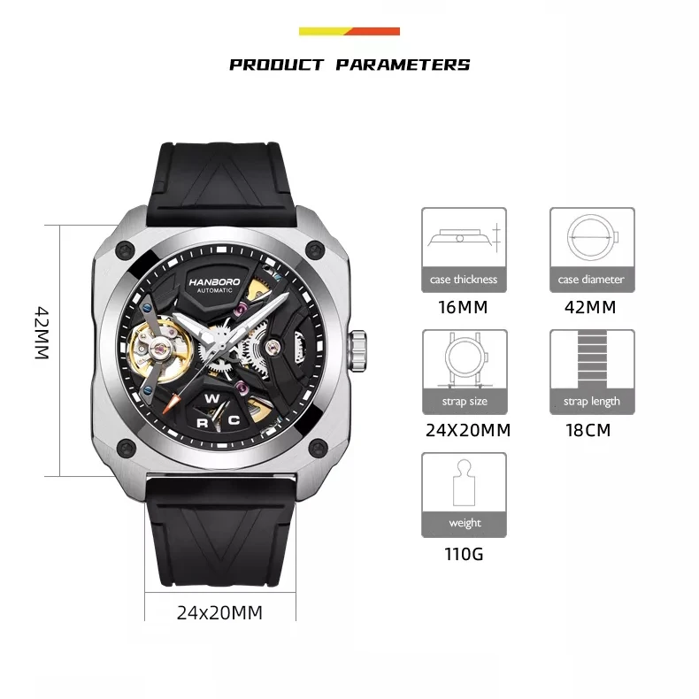 Hanboro relógio automático masculino 42mm relógios de luxo relógio de pulso mecânico luminoso caso quadrado esqueleto 50m pulseira de borracha à prova dwaterproof água